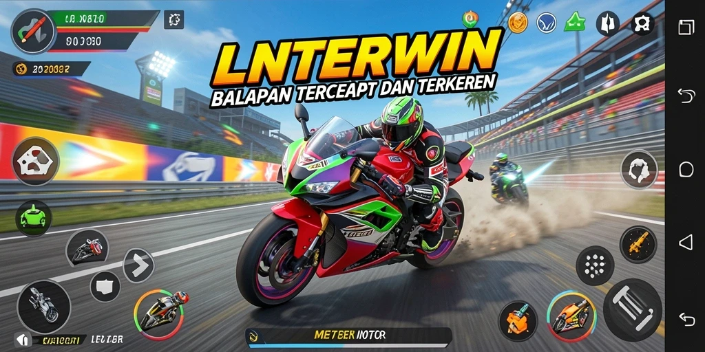 Screenshot gameplay LNTERWIN yang menampilkan balapan motor seru.