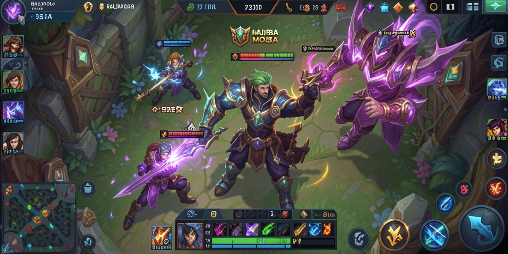 Tampilan gameplay seru dalam pertandingan MOBA di RAJAPOLA.